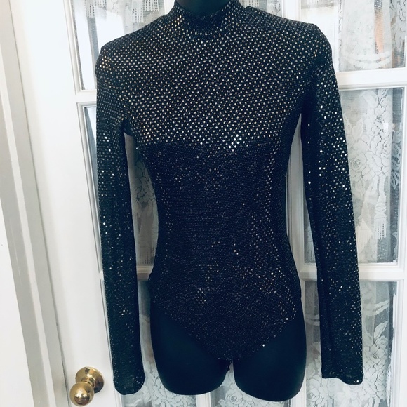 Forever 21 exsmall black sequin top body suit, clingy fabric, new or like new - Picture 1 of 8